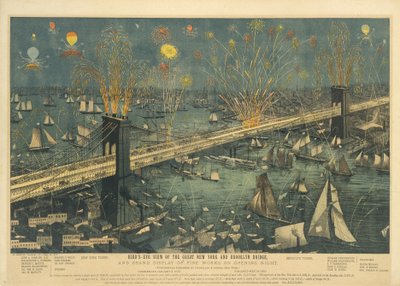 Vista aérea del Gran Puente de Nueva York y Brooklyn y gran exhibición de fuegos artificiales en la noche de apertura 1883 de American School